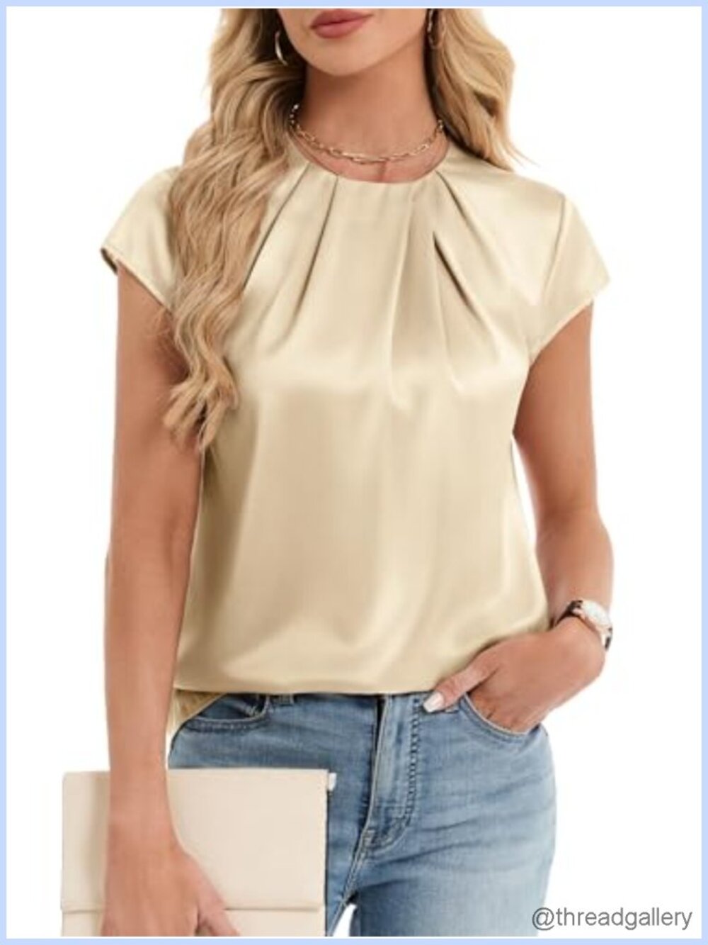 Satin Silk Blouse Cap Sleeve Pleated Front Work Top